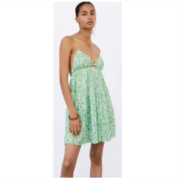 Zara | Green Floral Backless Spaghetti Strap Sundress Size Medium - Picture 1 of 9